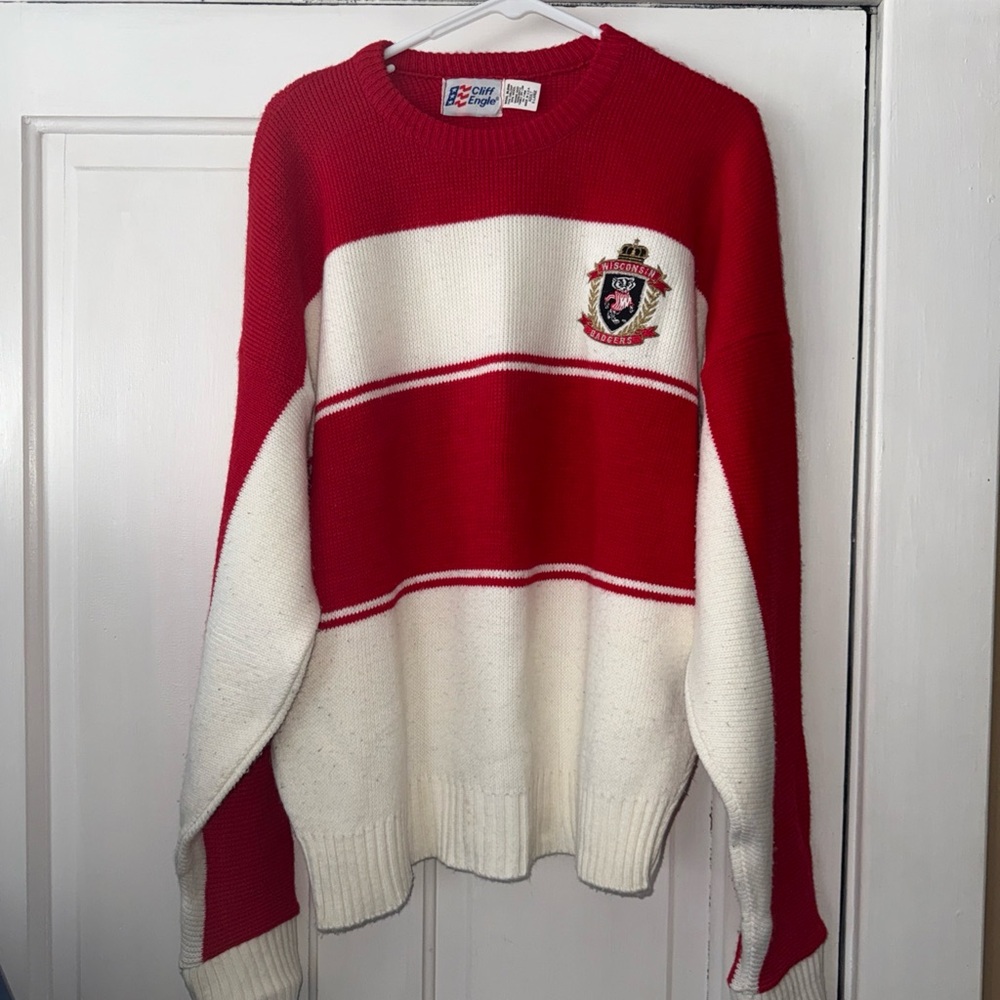 Coogi Men's Red and White Crewneck Sweater